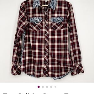 True Religion Burgundy Plaid Button Down Shirt Women Small